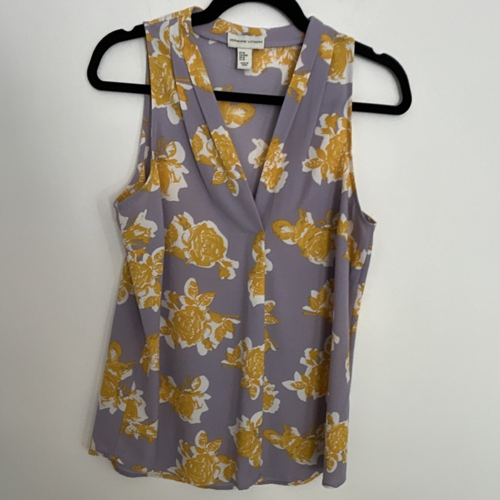 Adrienne Vittadini Women's Floral Sleeveless V-Neck Blouse Purple Yellow Size M